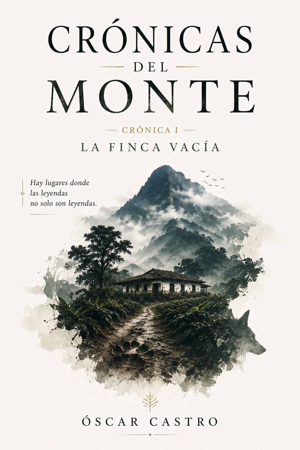 Portada de Crónicas del Monte, Crónica I: La finca vacía, por Osky Castro. Una casa de campo entre cafetales y niebla al pie de una montaña, con una huella de garra en el camino.